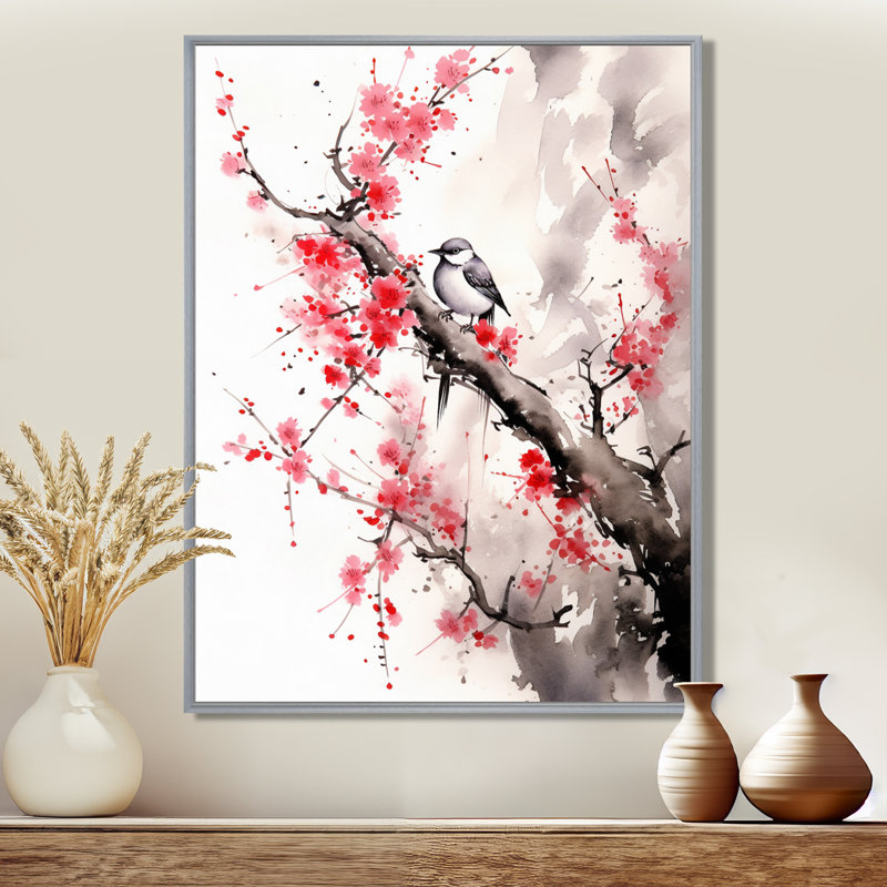 Art asiatique, Sumi oiseau sérénité, art asiatique, 20" H x 12" W, Encadrement argenté