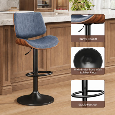 Ensemble de 2 tabourets de bar pivotants à hauteur réglable, dossier en bois cintré, siège en similicuir et repose-pieds - Chaises modernes à hauteur de comptoir pour îlot de cuisine, salle à manger ou bar personnel, confortables et faciles à nettoyer