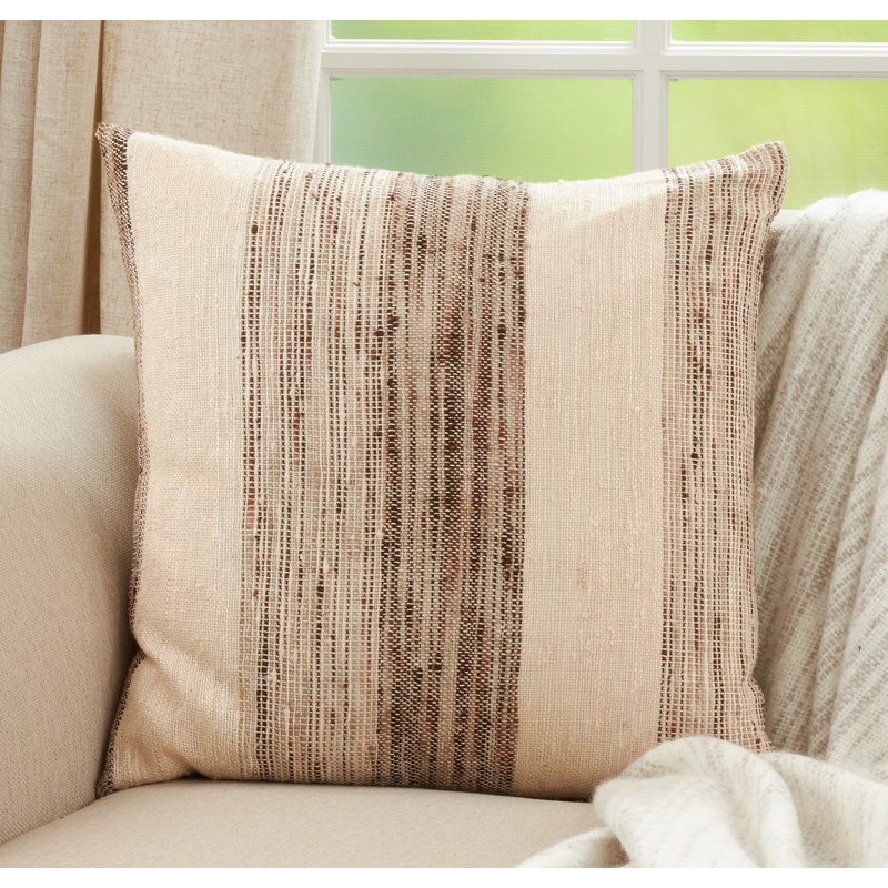 Banded Beige and Brown Cotton Square Throw Pillow