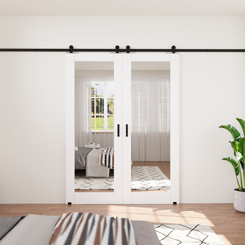 Aucun assemblage requis, porte de grange à double miroir coulissante à finition blanche et portes de garde-robe en bois manufacturé avec quincaillerie d'installation