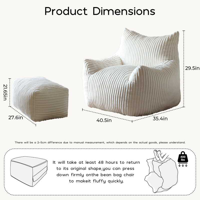 Corduroy Bean Bag Chair With Ottoman Memory Foam For Living Room, Bedroom & Dorm, Cozy Fluffy Single Cloud Mini Couch