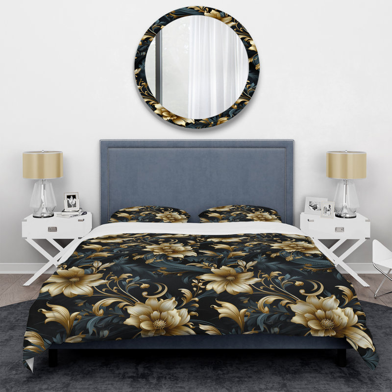 Literie opulente or Intrigue Floral I Khary, Housse de couette pour très grand lit et 2 très