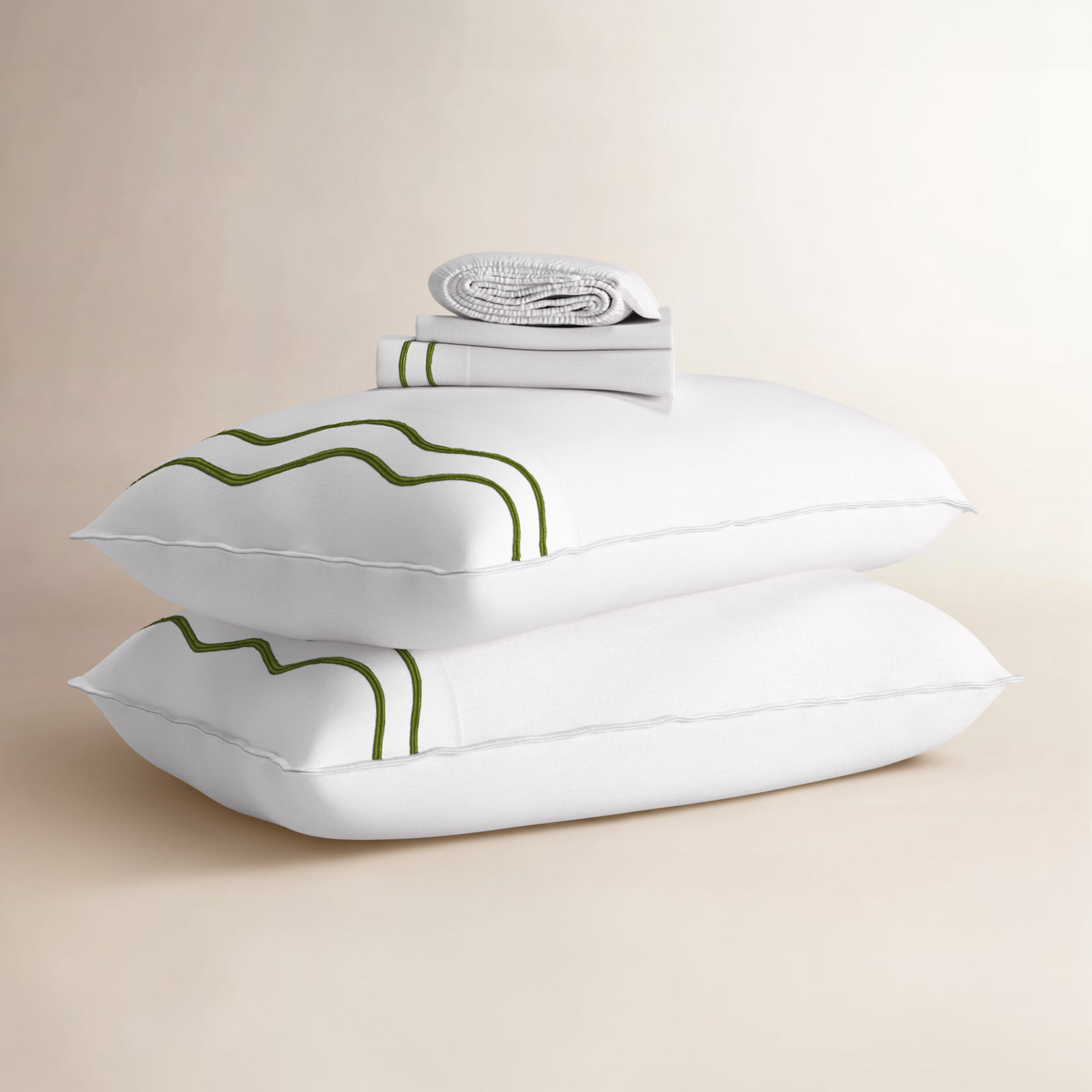 Double Stitch 100% Cotton Sateen Embroidered Sheet Set, Olive Green White, California King Sheet Set