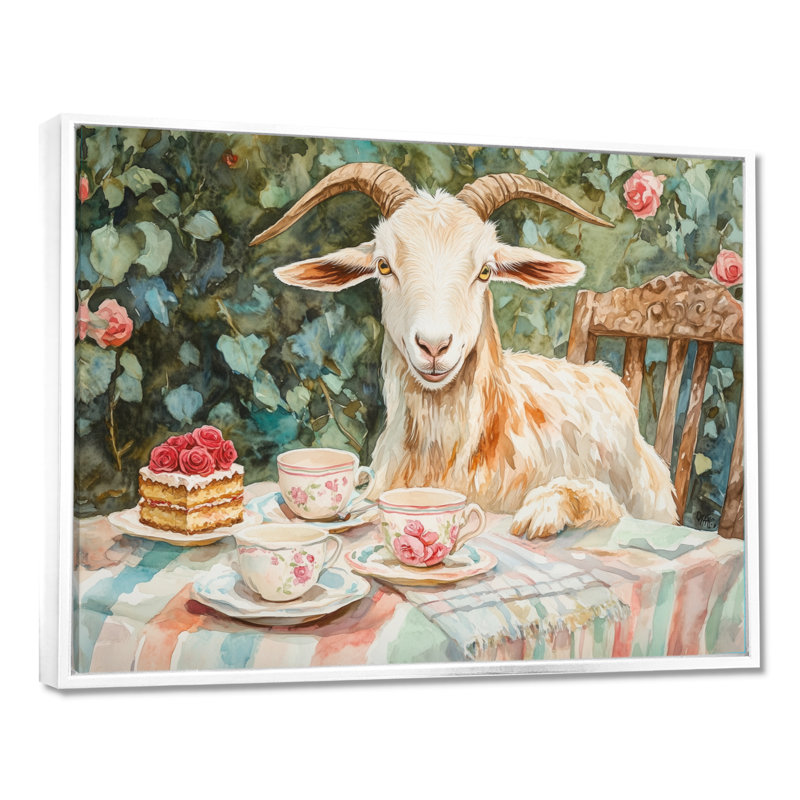 Rose Garden Tea Party II - Tableau encadré avec chèvre, H 24 po x l 32 po, Cadre flottant blanc