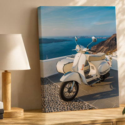Canvas A Vintage White Scooter With A Sidecar Parked On A Wall Art Sunlit Terrace Overlooking A Stunning Blue Ocean And Rocky Cliffs Canvas Wall Art