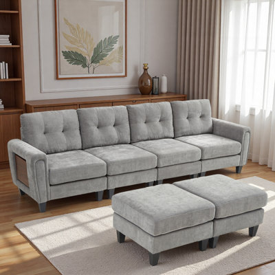 Canapé modulaire moderne avec 2 repose-pieds mobiles, ports USB et tables d'appoint