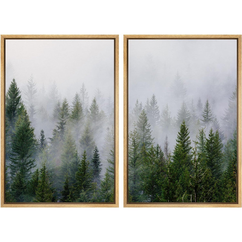 «Morning Mist Green Pine Tree Forest Nature Landscape», impression sur toile, 2 pièces, Reproduction avec cadre flottant