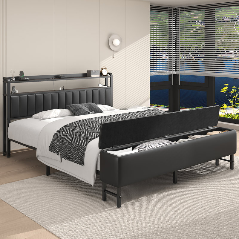 Modern Upholstered Platform Bed with a Starry Sky Projector, Built-in Storage Bench, Convenient Charging Station, Easy Assembly