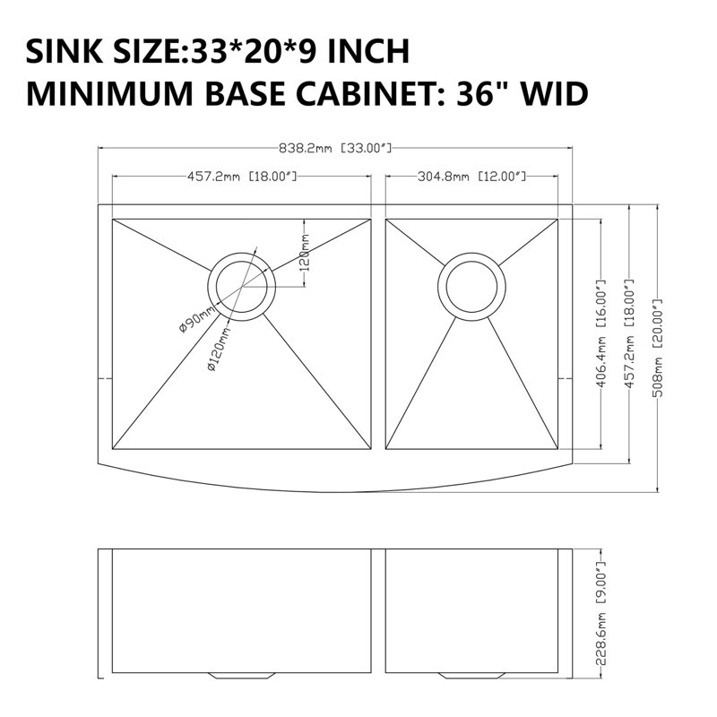 33'' L Double Bowl Stainless Steel Kitchen Sink