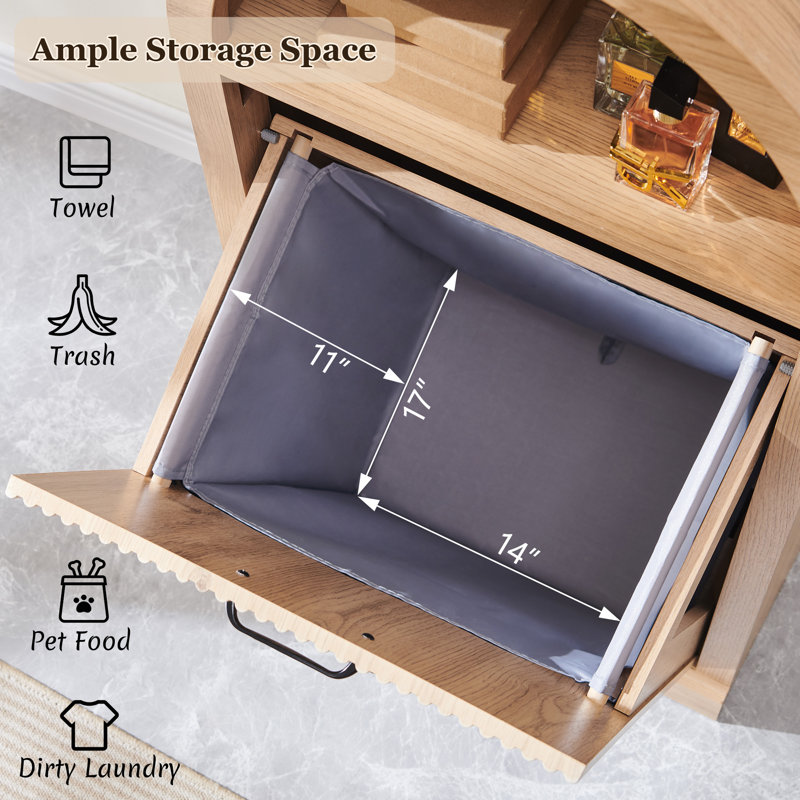 Modern Tilt Out Arched Trash Can Cabinet,Fluted 10 Gallon Dog Proof Trash Can Cabinet with Open Storage Shelf,with Storage Basket for Kitchen