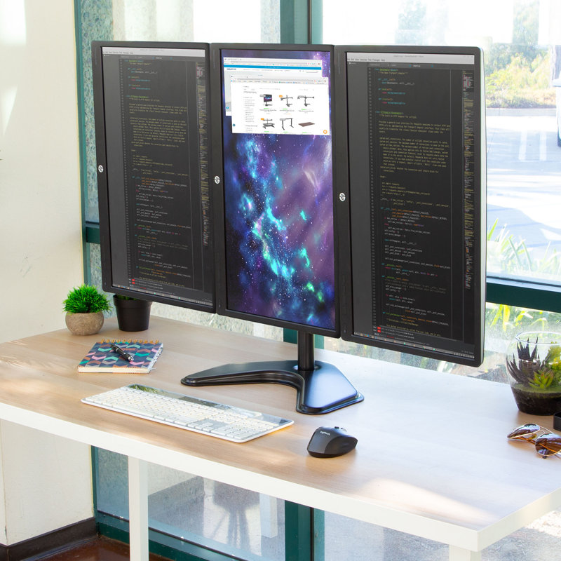 Black Aluminum and Steel Triple Monitor Stand with Adjustable Arms