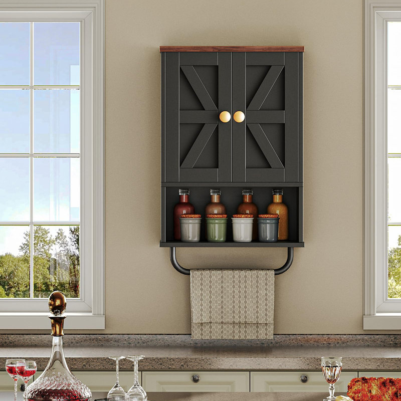 Medicine Cabinet with Open Partition and Towel Bar, Black/Walnut