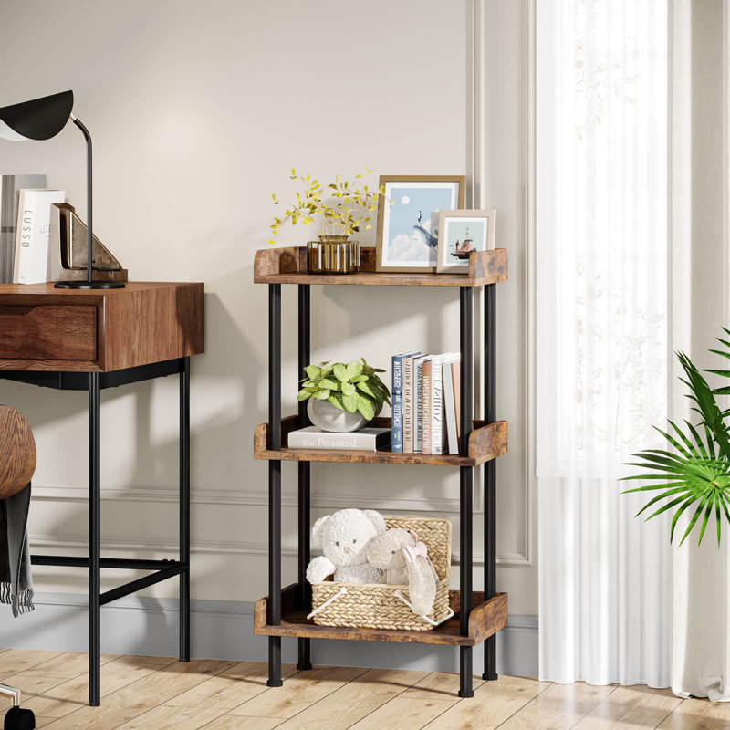 3 layers wooden bookcase industrial small bookshelf, Rustic Brown