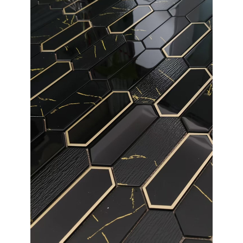 Glass Mosaic Wall Tile, Black & Gold Glazed