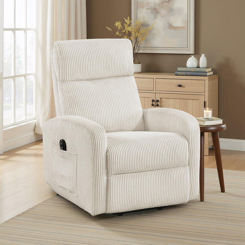 Yailem 28.5" Modern & Contemporary Corduroy Fabric Power Lift Chair with Gentle Lift Motion & Armrest Magazine Pocket, Beige