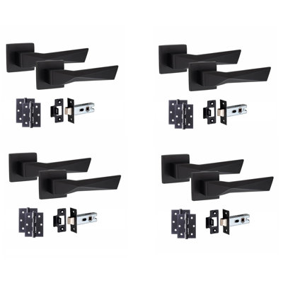 4 Pairs Modern Aura Design Premium Door Handles on Square Rose in Matt Black Finish with 3" Ball Bearing Hinges and 2.5" Tubular Latch