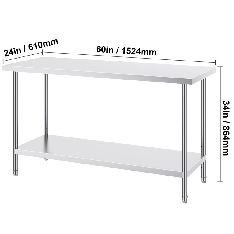 Table de préparation en acier inoxydable table de travail en métal robuste avec 3 niveaux de hauteur réglables