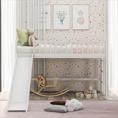 Twin Sized Low Loft Bed Frame for Kids Bedroom, White Finish Solid Pine Construction With Removable Slide and Ladder