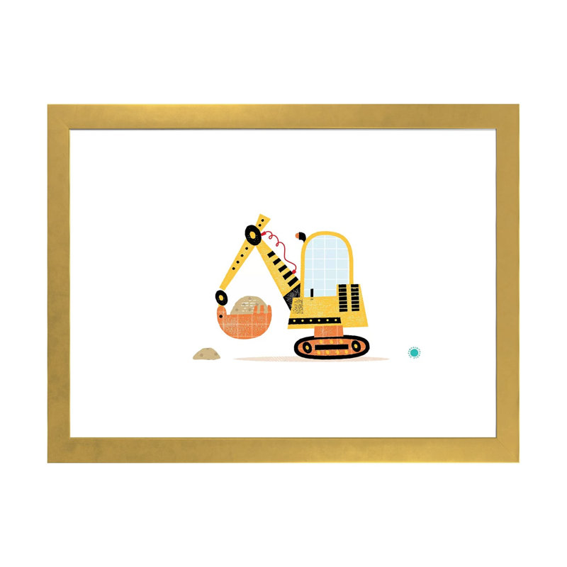 Excavator - impression d'art graphique, Blanc, Papier encadré doré, H 24 po x l 32 po x P 1 po