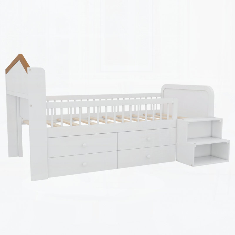 Lit en bois avec tête de lit en forme de maison, lit avec tiroirs de rangement, Blanc