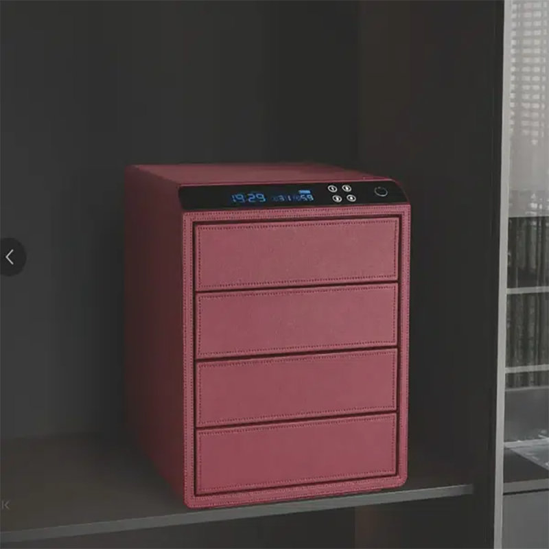 Leather Chest, Mahogany 4-Drawer Jewelry Safe with Biometric Fingerprint Passcode Lock, Temperature Humidity Monitor, Bluetooth Mobile App Control