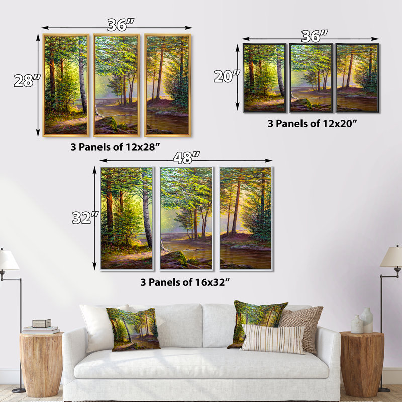 «Morning Sunlight Through The Awakening Fir Forest», peinture sur toile 3 pièces, H 28 po x l 36 po, Or