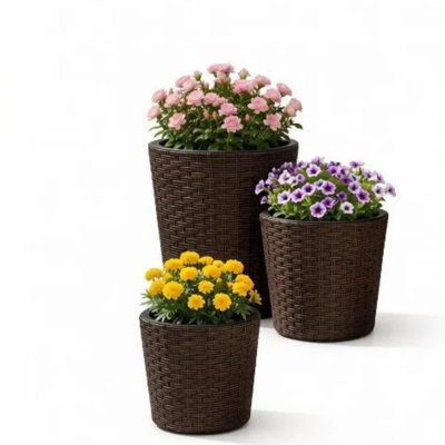 Set of 3 Tapered Floor Planters with Woven Texture, Indoor & Outdoor Plant Pots with Drainage Design and Matching Saucers for Patio, Porch and Garden Landscaping