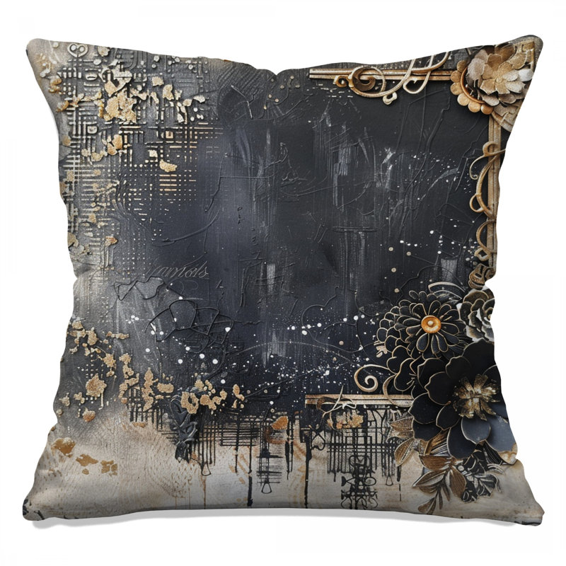 Coussin Floral, Carré 20 po, Noir / abstrait
