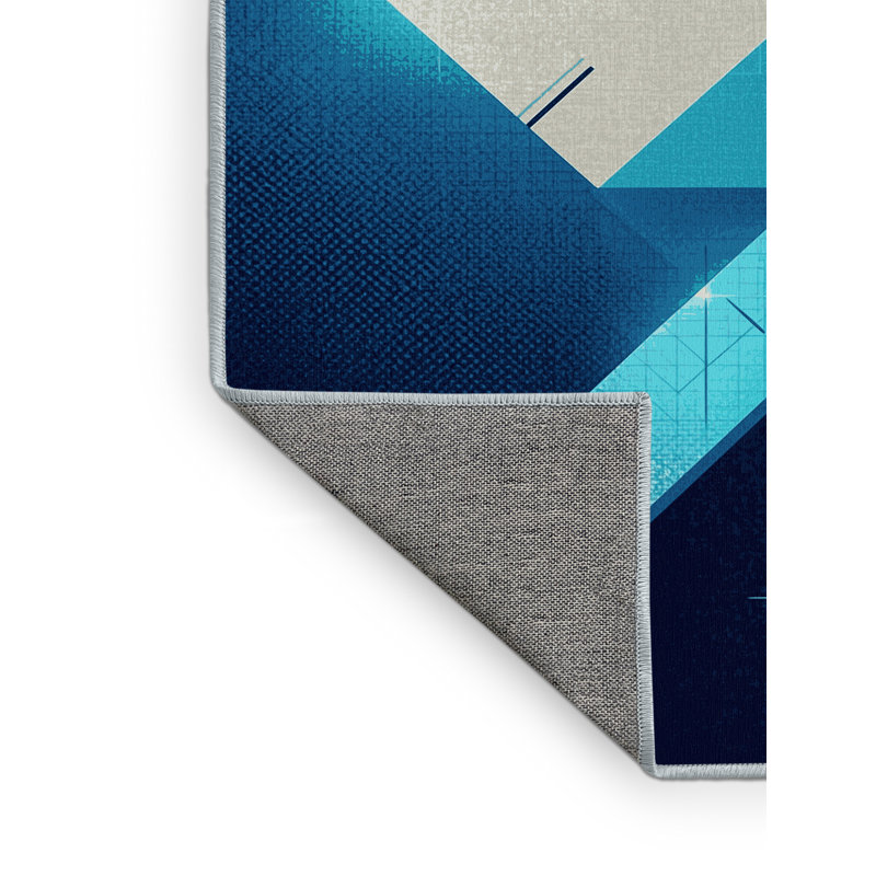 Machine Washable Carlstadt Sleek & Chic Modern Geometric Shapes Rug in Blue – SkyBlue Binding, 4' Round