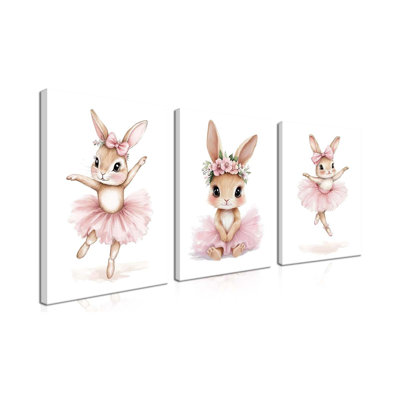 Baby Girl Nursery Wall Decor, Easter Nursery Canvas Wall Art Paintings Set Of 3, Cute Animal Pink Bunny Posters Prints Pictures For Boys And Girls Room, Bedroom, Home Decor 12X16 In Framed