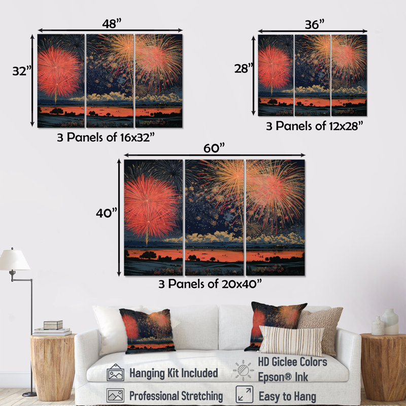 Feux d'artifice du Nouvel An au-dessus du pays rétro - ensemble de décorations murales de feux d'artifice, Toile tendue