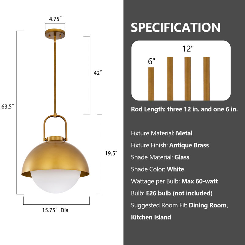 1-Light Antique Brass Finish Metal Modern Pendant Light Fixture with Opal Glass Shade for Dining Room or Kitchen Island, Gold