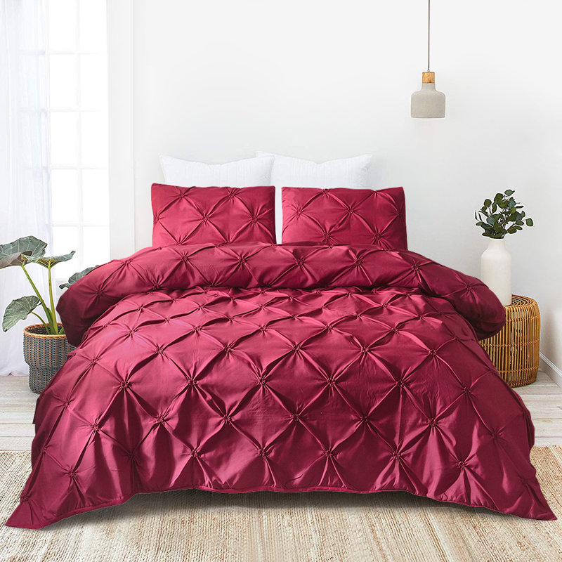 Pleat Pintuck Bedding Set Polyester Duvet Cover, Wine Red, Twin Duvet Cover + 1 Sham