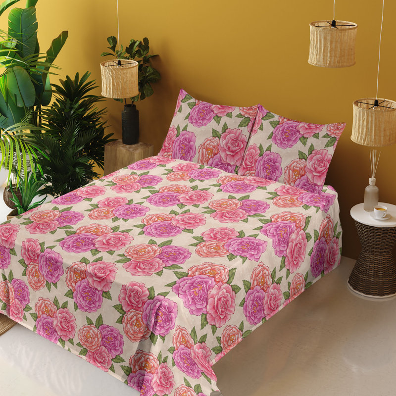 Ambesonne Watercolor Botany Sheet Set 4 Pcs Retro Boho Bloom, Fern Green Soft Pink Floral, Queen Sheet Set with 2 Pillowcases