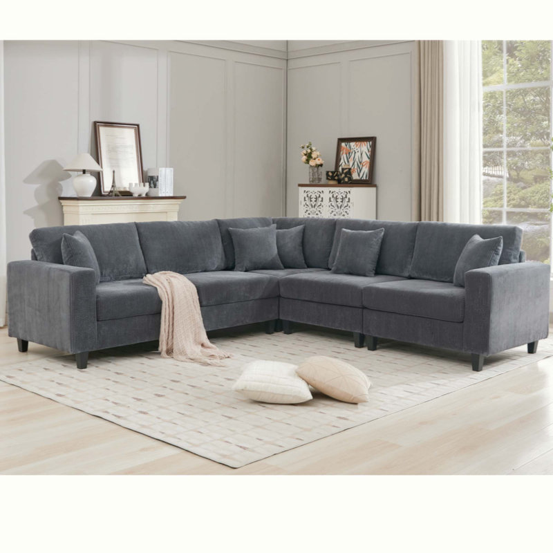 Ensemble de canapé modulaire surdimensionné surdimensionné, canapé en L, velours côtelé, rembourré, assise profonde, 5 places, 5 coussins décoratifs et 6 coussins de dossier, salon, appartement