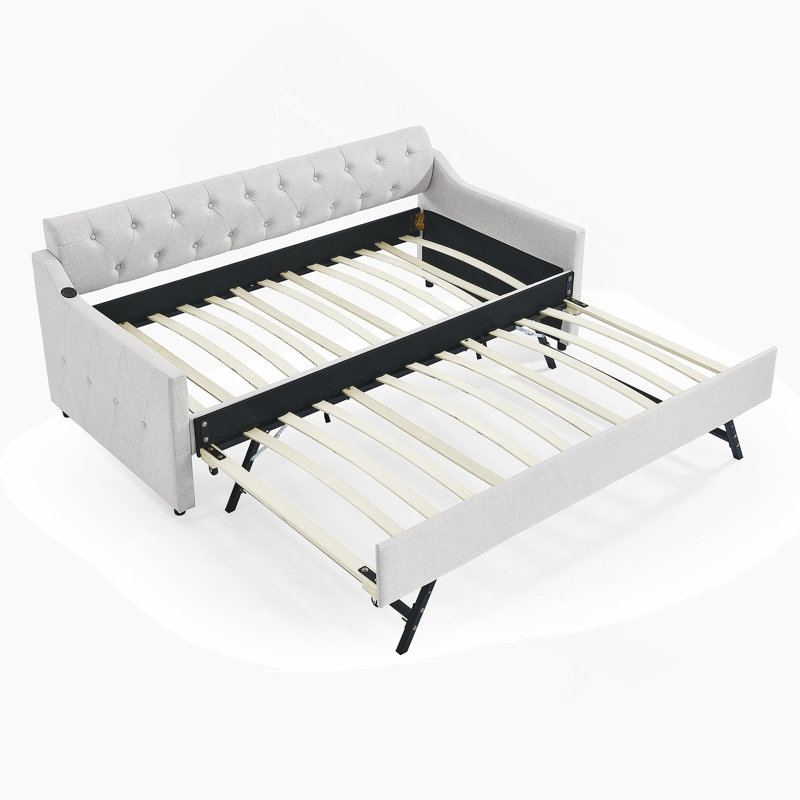 Lit de jour rembourré avec lit gigogne simple et conception de chargement USB, Beige