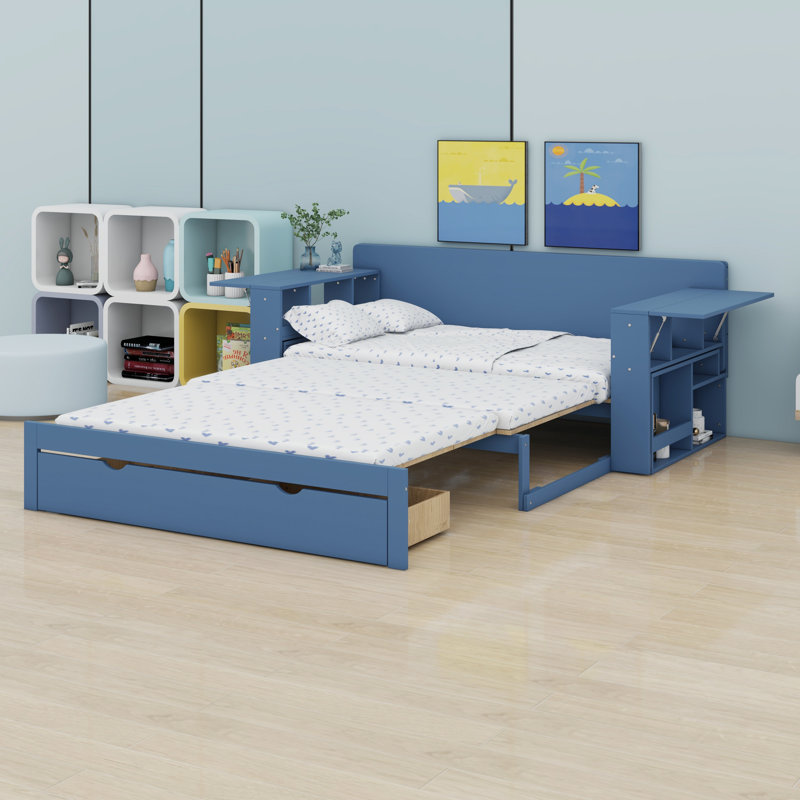 Lit de jour avec bureau amovible, tiroirs de rangement et table d'appoint hydraulique, Bleu, Double