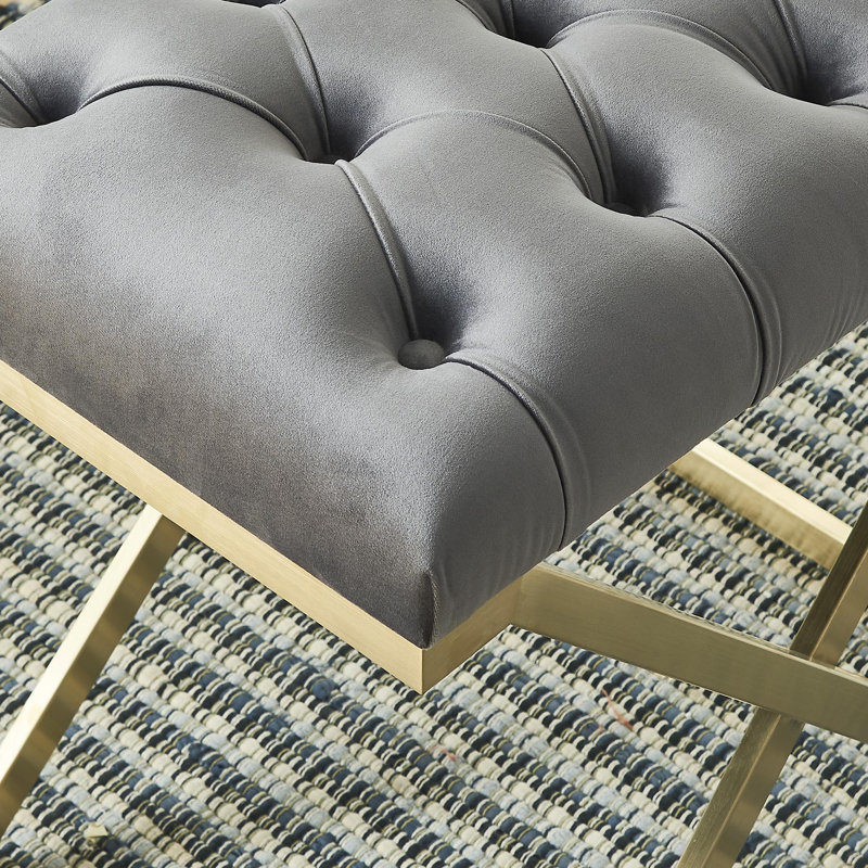 Heeter Velvet Upholstered Bench, Gray, Gold