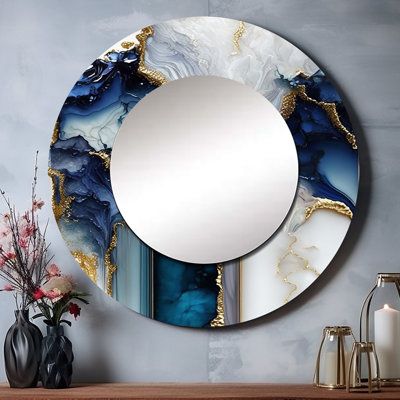 Odysseas Abstract Geode White And Blue Marble I - Marble Decorative Mirror, Modern Round Wall Mirror, Printed Metal Art