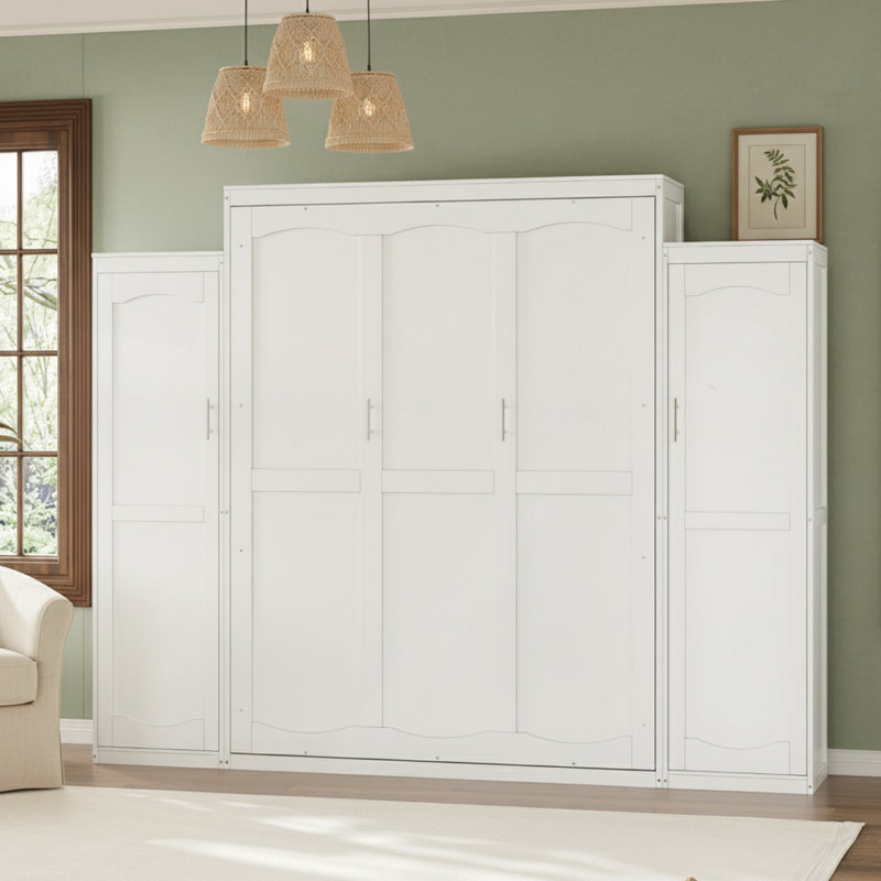 Lit escamotable double avec 2 garde-robes et tablette de rangement, plateforme pliable peu encombrante pour chambre d'amis