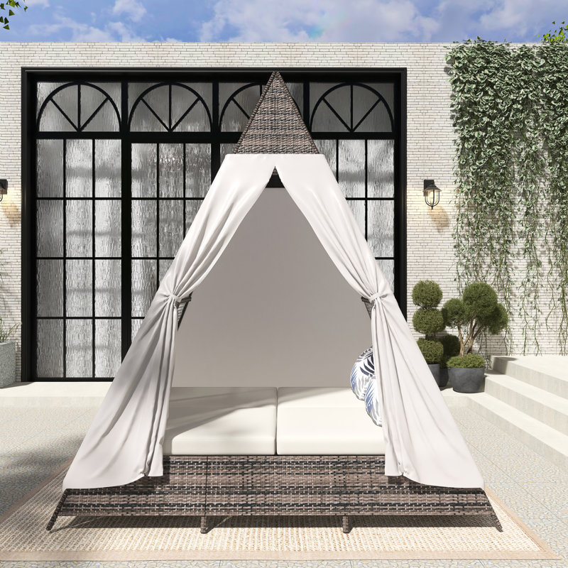 90.5" Wicker Outdoor Patio Daybed With Colorful Pillows,Cushions, Beige