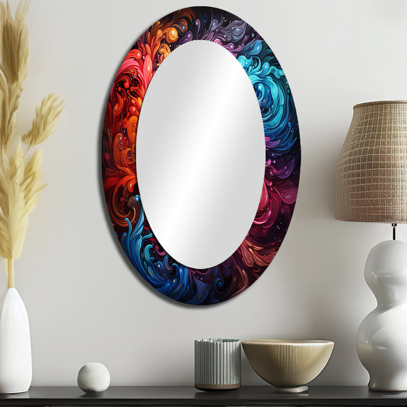 Neon Spin II - grand miroir abstrait en spirale, miroir mural décoratif moderne, impression d'art en métal, 43 po x 33 po