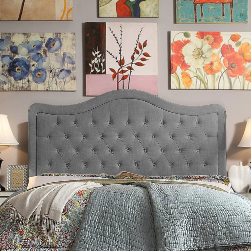 Tête de lit réglable avec revêtement en lin fin et capitonnage pour la chambre à coucher, Gris, Très grand lit