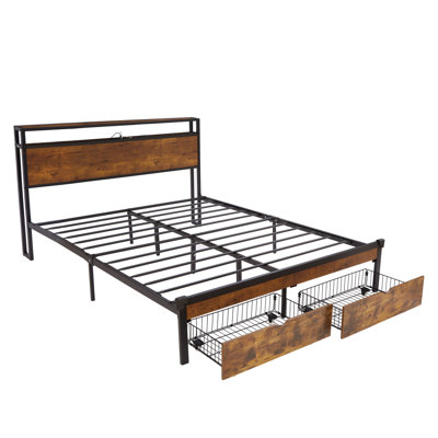 Grand lit plateforme moderne en métal avec tête de lit en bois et douille de charge, 2 rangements de tiroirs, lumières DEL, aucun sommier requis, capacité de poids de 600 lb, prise facile à assembler, débit