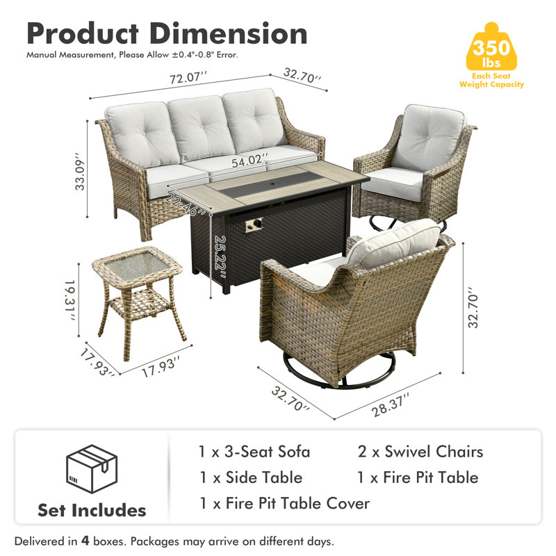 Ensemble de conversation d'extérieur en osier pour 5 personnes avec table de foyer et chaises berçantes pivotantes Daliya