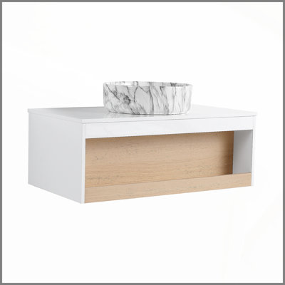 36" Floating Bathroom Vanity with Grey Vein Marble Vessel Sink, Wall-Mounted Vanity with Open Shelf Storage, White Finish with Wood Accent, Space-Saving Modern Design (Ships in 2 Boxes)