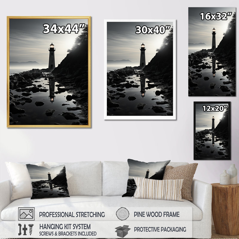 Phare, paysage d'imitation sur toile, H 32 po x l 24 po x P 1 po, Cadre doré simple