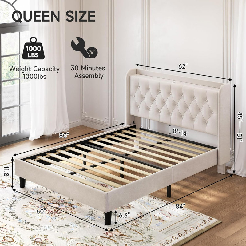 Velvet Upholstered Platform Bed Frame with USB & Type-C Charging Ports, Adjustable Headboard, Queen Size, Beige, Queen