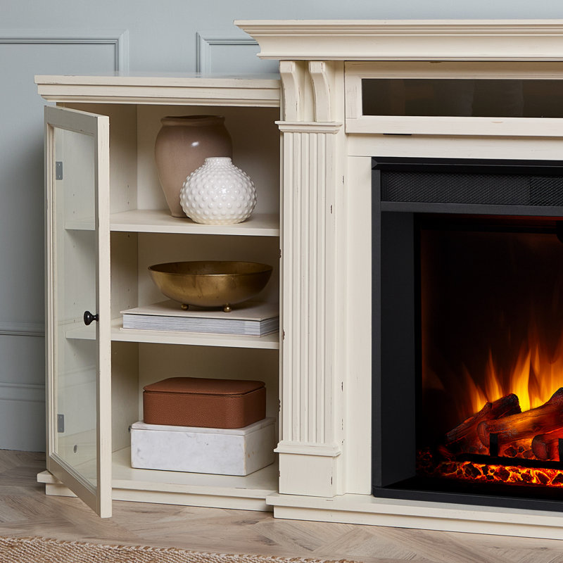 Tracey Grand 83.75'' TV Stand with Fireplace, Distressed White