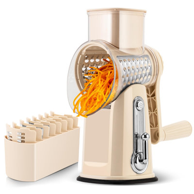 Rotary Cheese Grater With Handle 5 Blades Strong Suction Base Beige